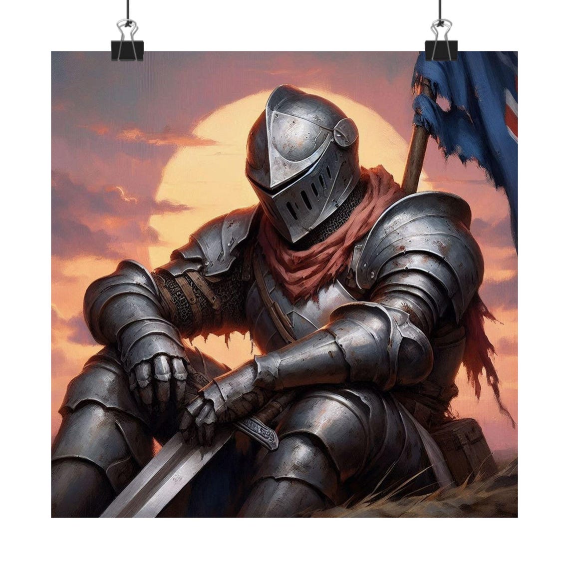 Weary Knight in Armor Kneeling at Epic Sunset Battlefield Poster