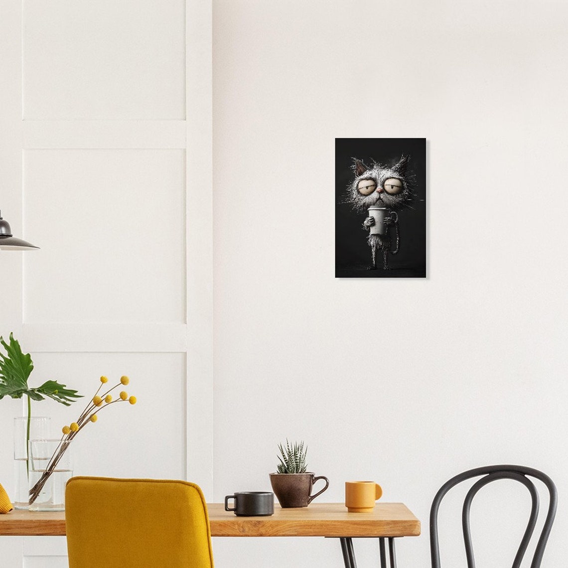 Tired Grumpy Cat With Coffee Mug Funny Dark Wall Decor Poster - Image 3