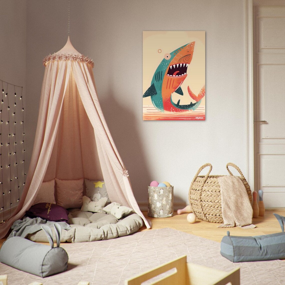 Playful Cartoon Shark With Big Toothy Smile Kids Room Decor Poster