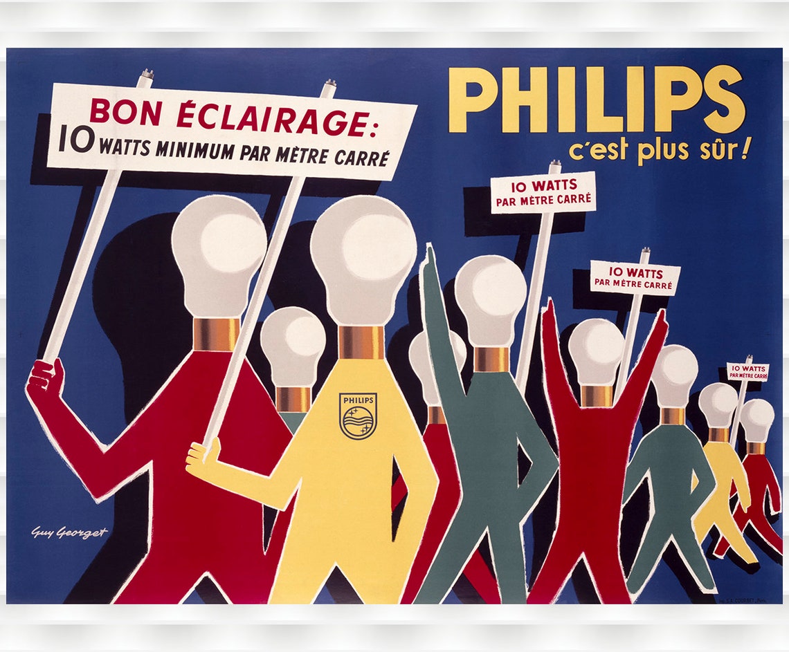 Philips Light Bulbs Protesting Figures Guy Georget Vintage Ad Poster