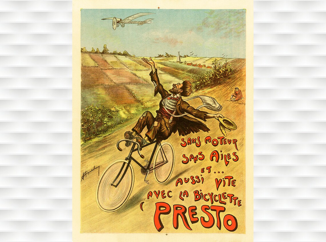 Presto Bicyclette Sans Moteur Sans Ailes Vintage French Cycling Poster