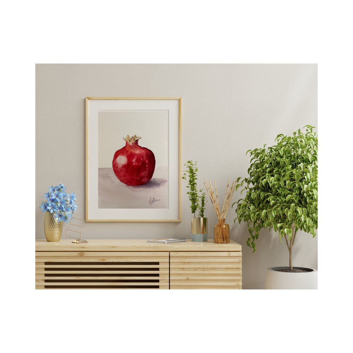 Single Red Pomegranate Fruit Minimalist Watercolor Still Life Poster - Image 3