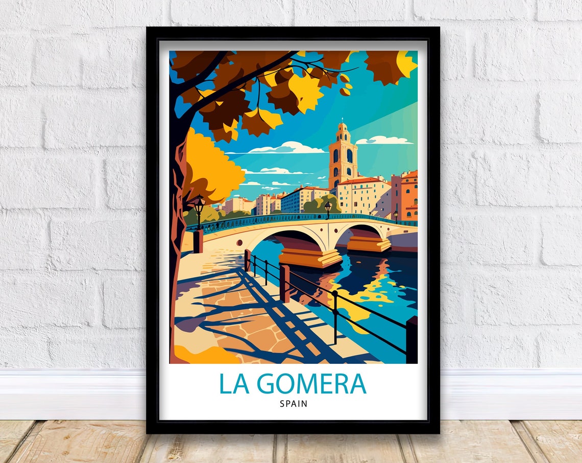 La Gomera Spain River Bridge Bell Tower Autumn Travel Poster