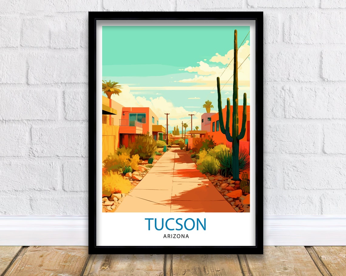 Tucson Arizona Desert Street with Saguaro Cactus Travel Poster