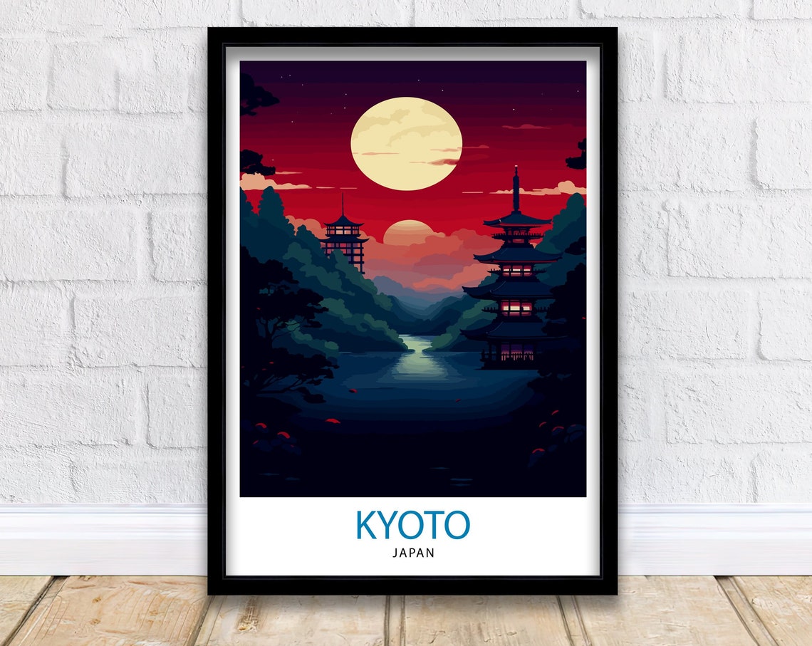 Kyoto Japan Pagoda Temple Under Full Moon Night Sky Art Poster