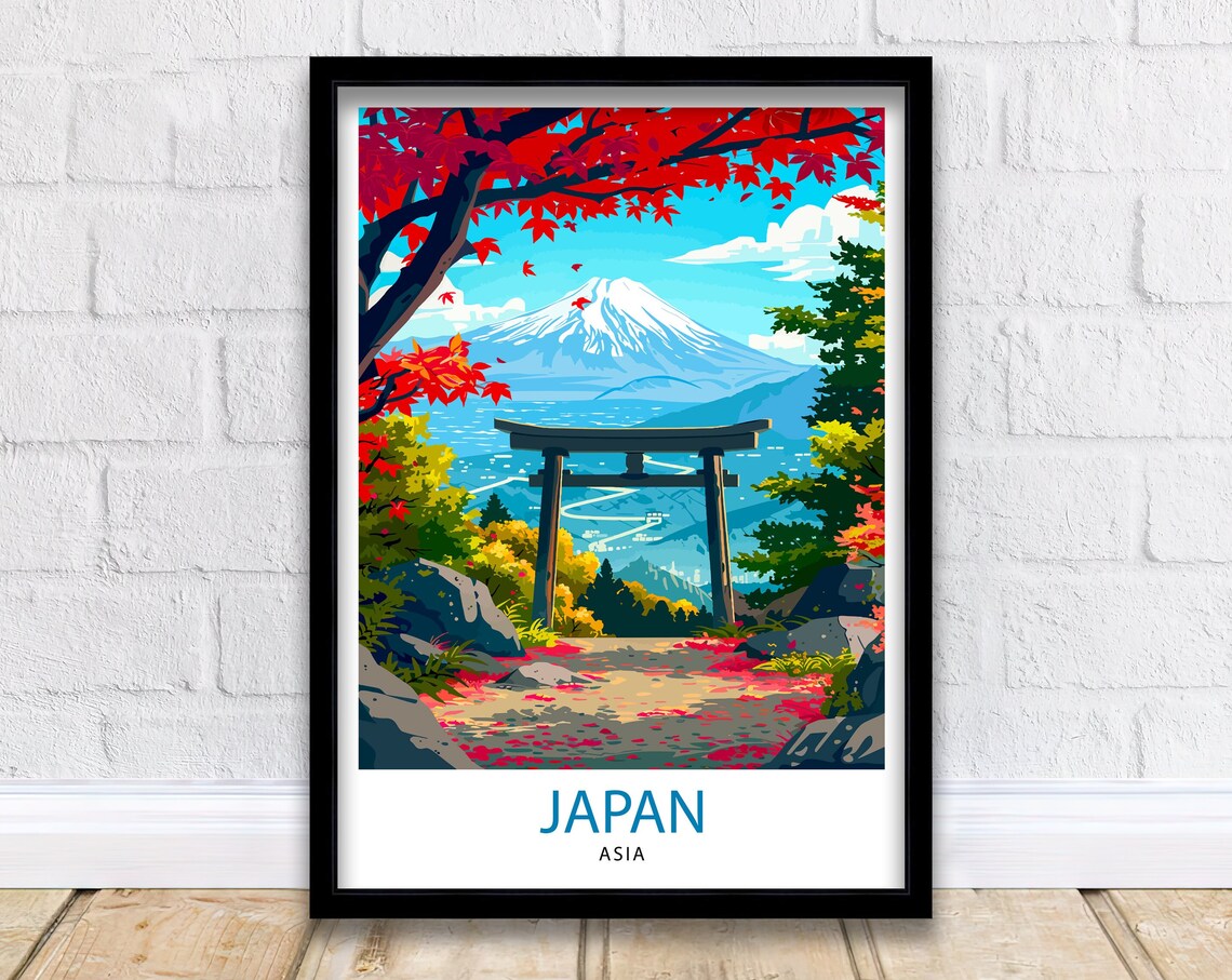 Japan Autumn Mount Fuji Torii Gate Red Maple Vintage Travel Poster
