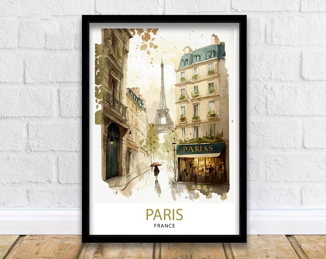 Paris Eiffel Tower Rainy Street Watercolor Umbrella France Poster