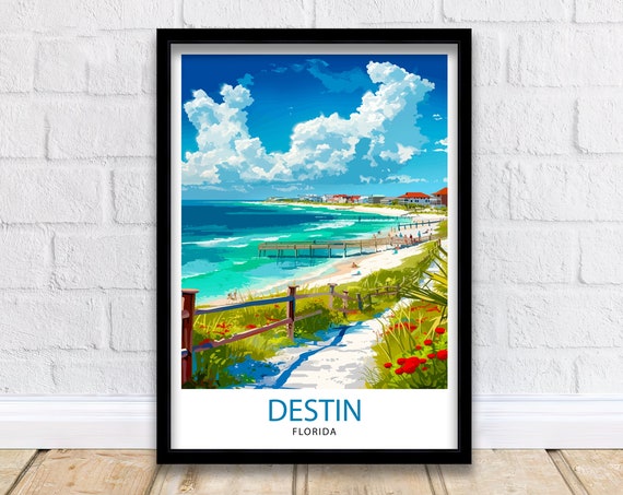 Destin Florida Print Emerald Coast Art White Sand Beach Poster Gulf Of Mexico Wall Decor Florida Panhandle Illustration Coastal Town Artwork