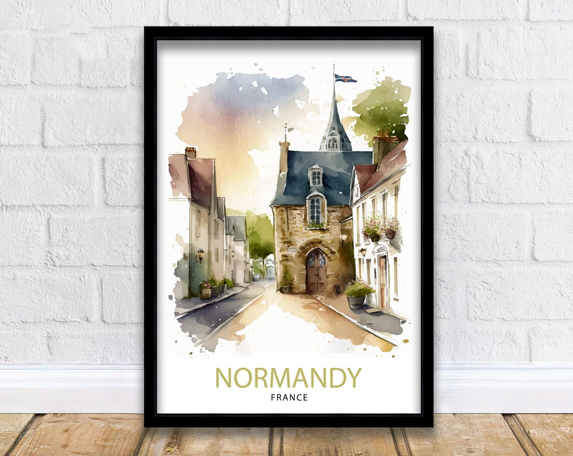 Normandy France Watercolor Village Street Historic Travel Poster