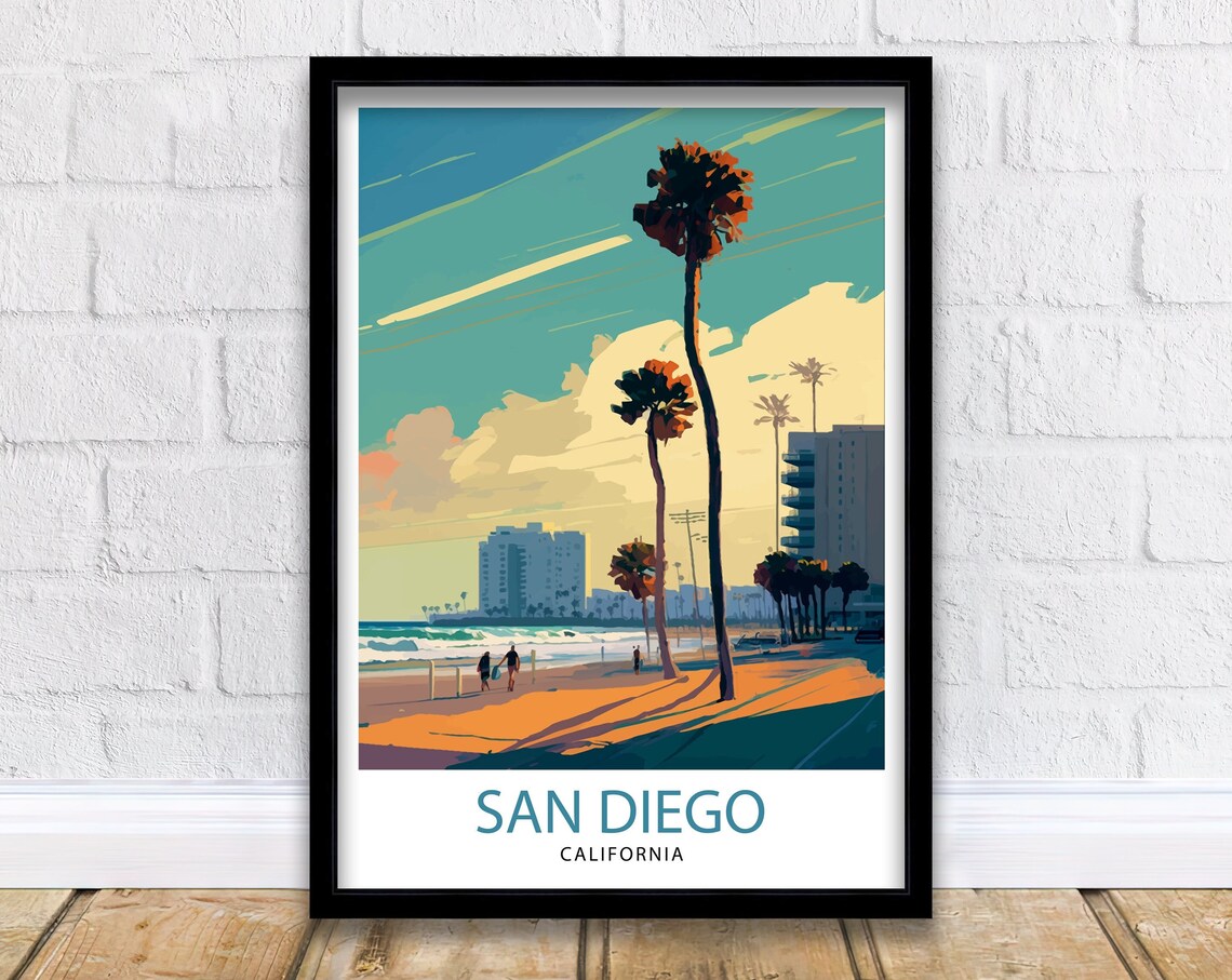 San Diego California Beach Palms Boardwalk Golden Sunset Glow Poster