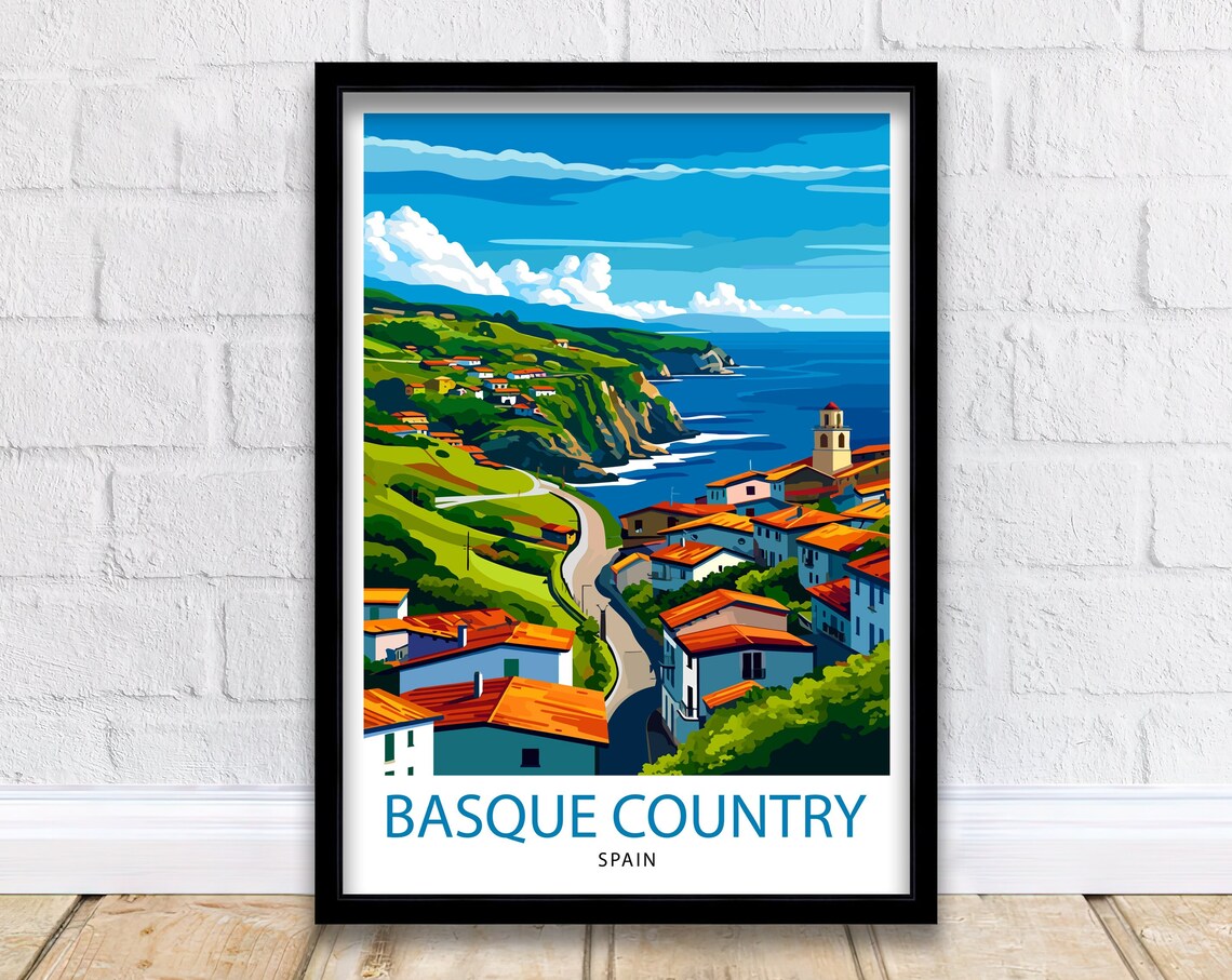 Basque Country Spain Coastal Village Hills Vintage Travel Poster