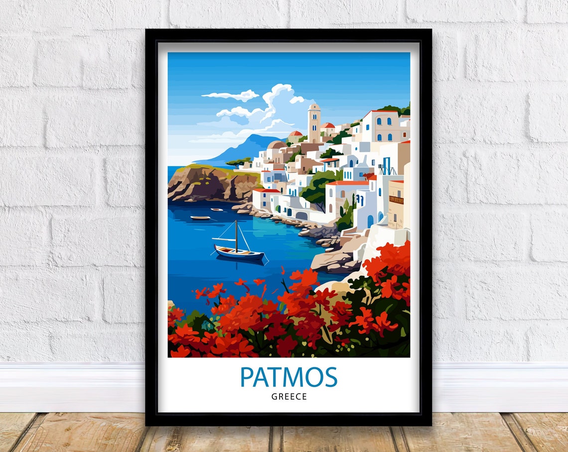 Patmos Greece Whitewashed Harbor Sailboat Red Flowers Island Poster