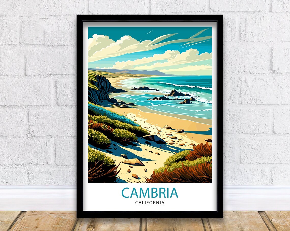 Cambria California Coastal Cove Cliffs Turquoise Sea Travel Art Poster