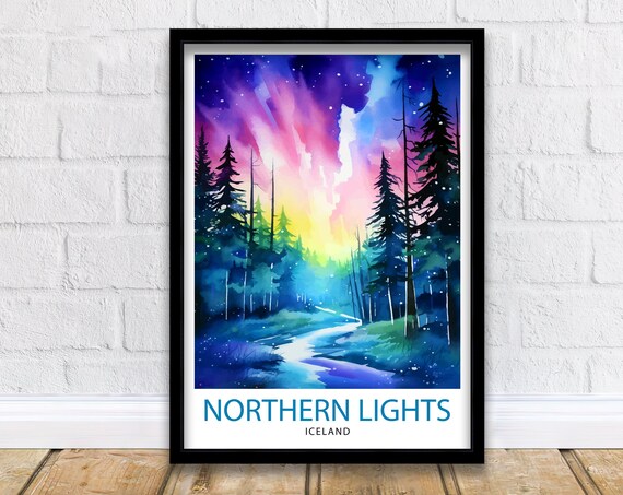 Northern Lights Iceland Aurora Forest Stars Watercolor Travel Poster