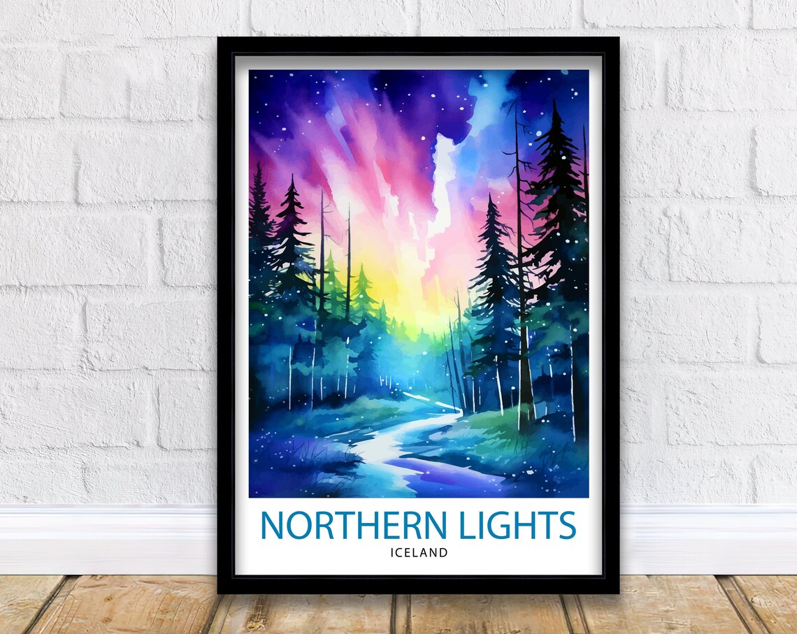 Northern Lights Iceland Aurora Forest Stars Watercolor Travel Poster