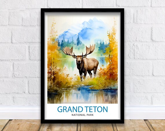 Grand Teton National Park Moose Watercolor Wildlife Travel Poster