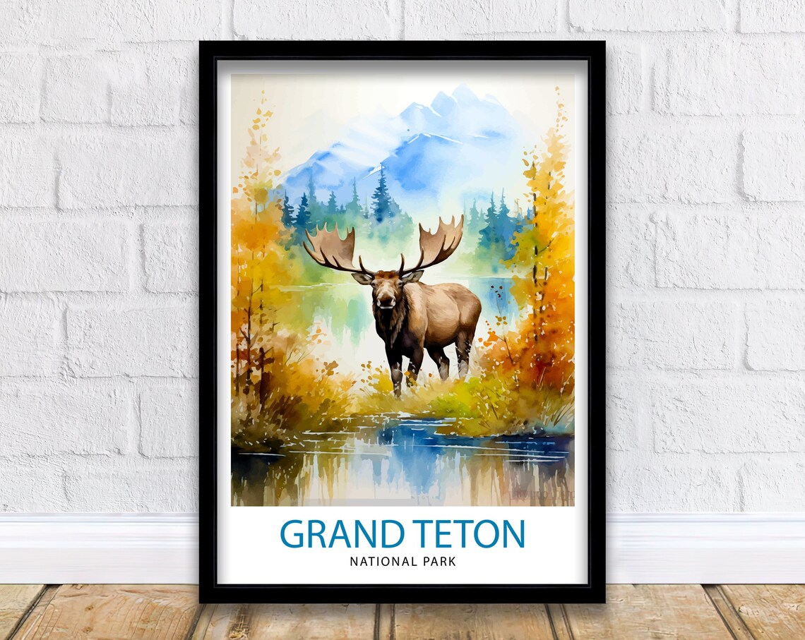 Grand Teton National Park Moose Watercolor Wildlife Travel Poster