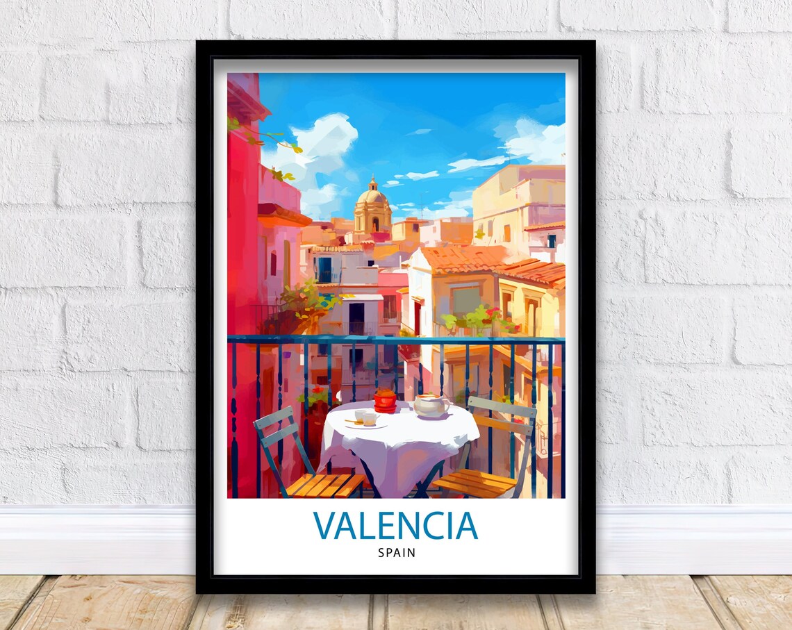 Valencia Spain Sunlit Balcony Terrace Old Town Travel Poster