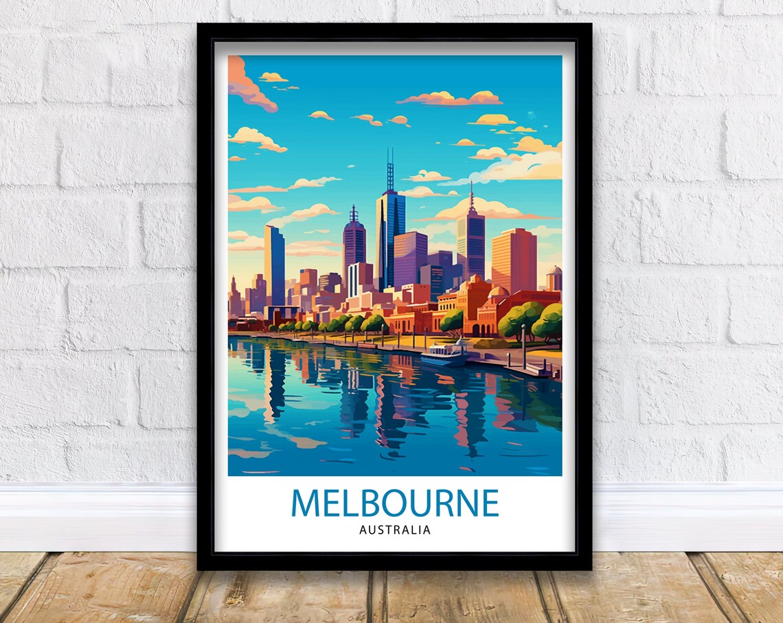 Melbourne Australia Travel Poster Sunset Skyline Yarra River City Art
