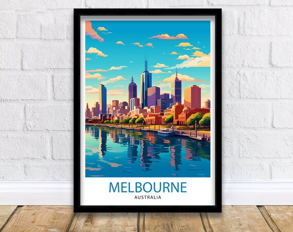 Melbourne Australia Travel Poster Sunset Skyline Yarra River City Art
