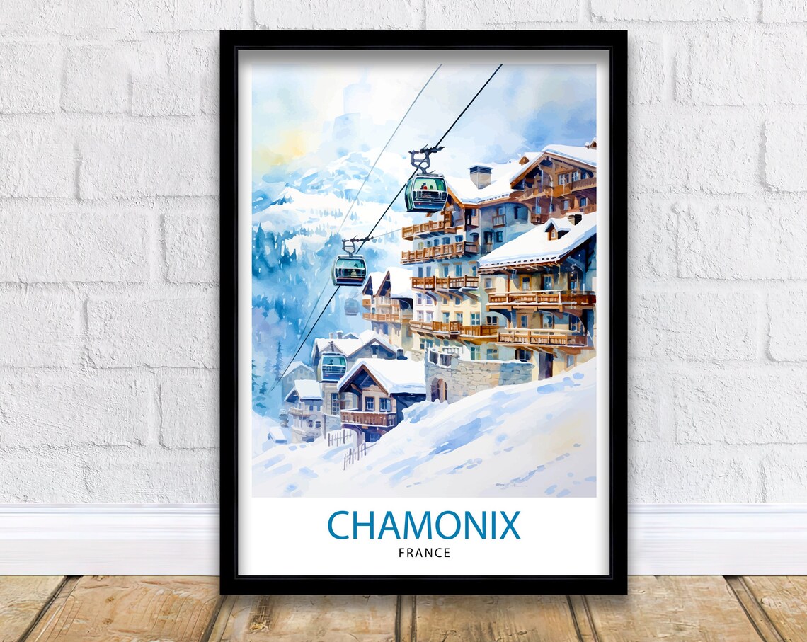 Chamonix France Gondola Lifts Snowy Chalets Watercolor Travel Poster