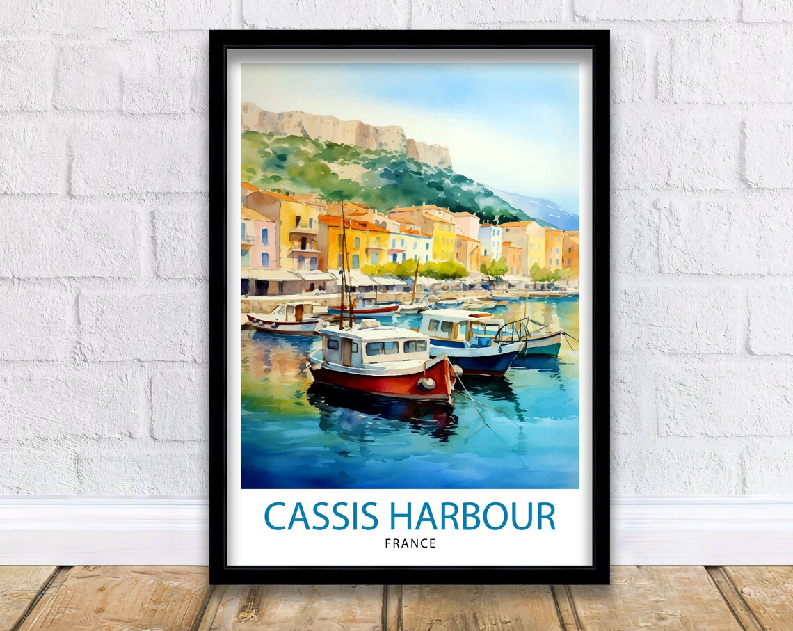 Cassis Harbour Watercolor Fishing Boats Clifftop France Poster