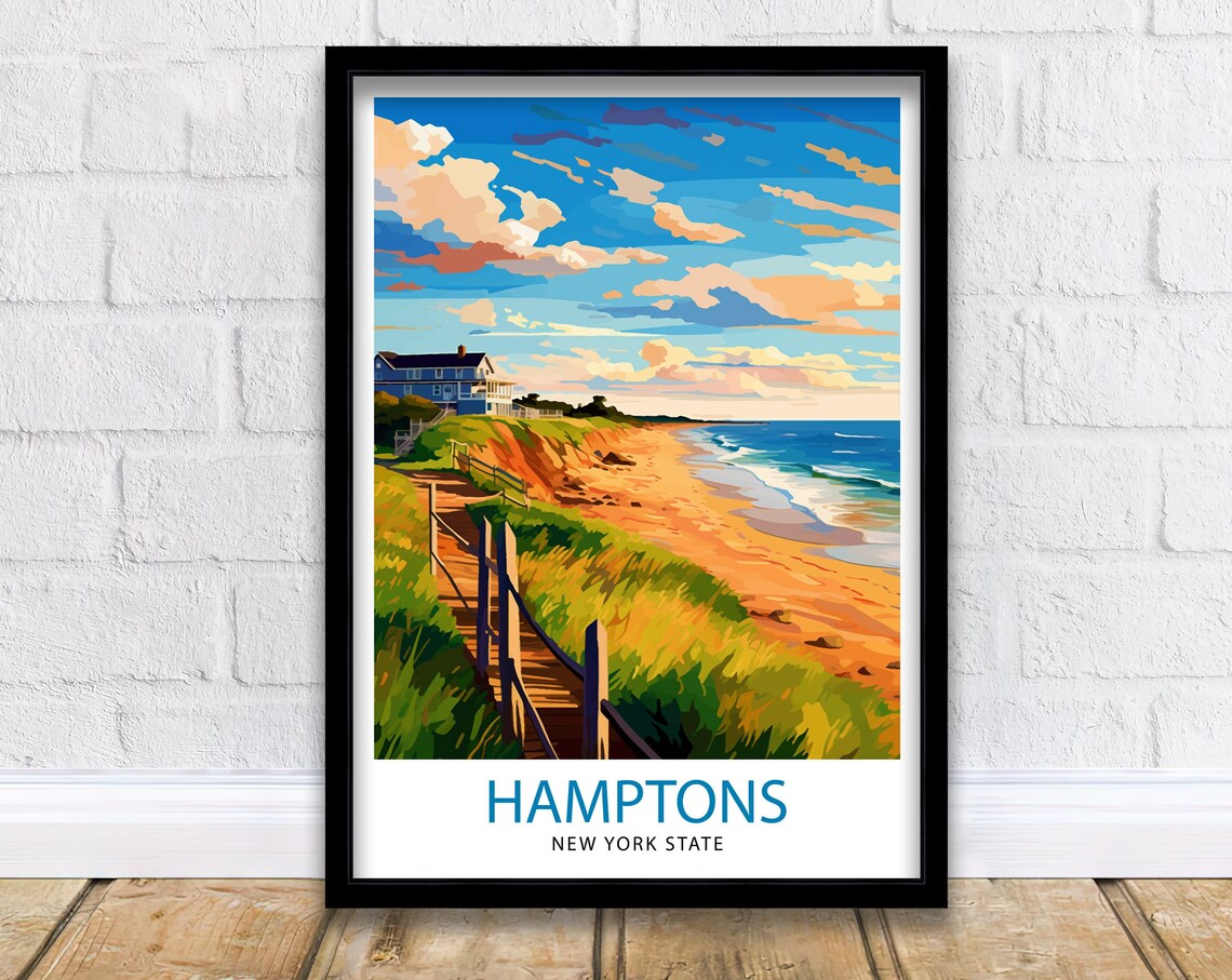 Sunny Hamptons New York State Beach Dunes Boardwalk Travel Poster