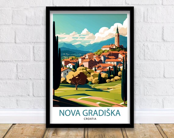 Nova Gradiska Croatia Vintage Travel Poster Hilltop Town Bell Tower