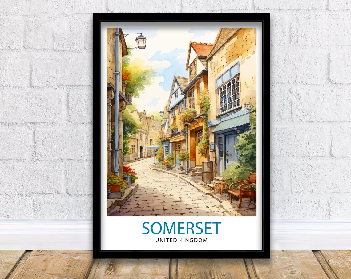 Somerset England Cobblestone Village Street Watercolor Poster