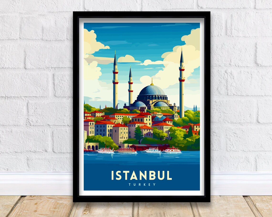 Istanbul Turkey Mosque Minarets Harbor Boats Skyline Artwork Poster