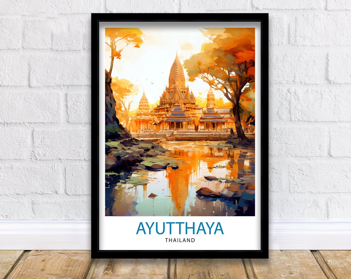 Ayutthaya Thailand Golden Temple Ruins Canal Art Travel Poster