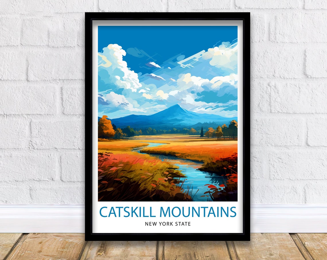 Catskill Mountains New York Autumn Meadow Stream Blue Peak Poster