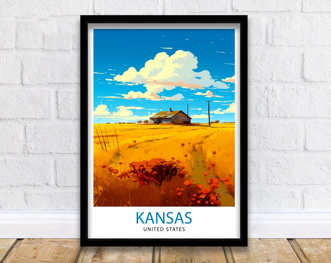 Kansas United States Golden Wheat Field Farmhouse Travel Poster
