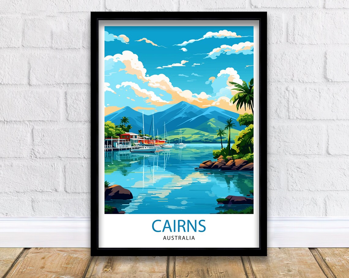 Cairns Australia Tropical Bay Sailboats Palm Trees Travel Poster