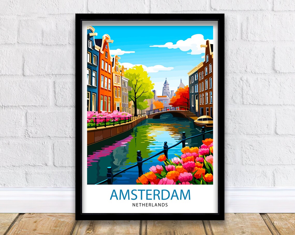 Amsterdam Travel Poster, Netherlands Cityscape Art Print
