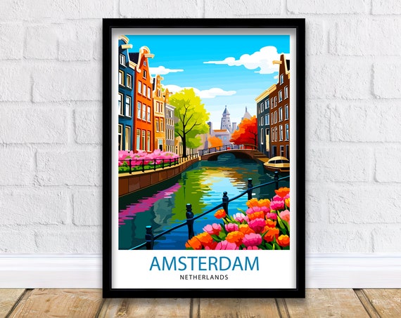 Amsterdam Travel Poster, Netherlands Cityscape Art Print