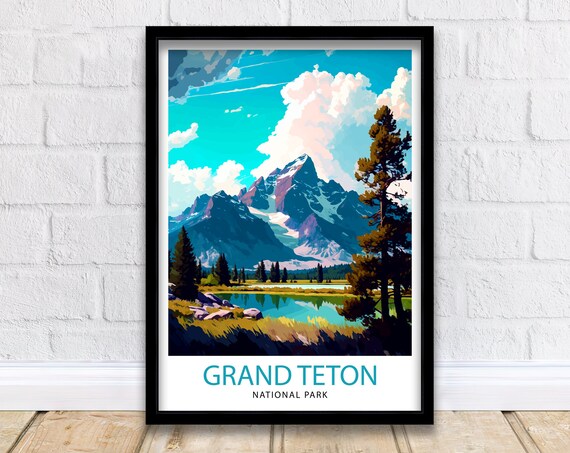 Grand Teton National Park Mountain Peaks Lake Vintage Travel Poster