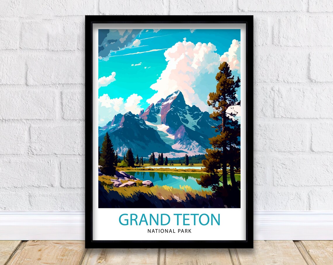 Grand Teton National Park Mountain Peaks Lake Vintage Travel Poster