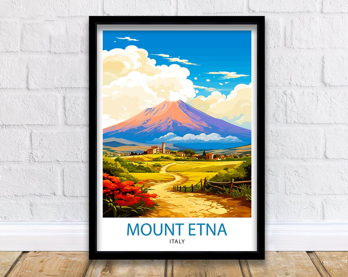 Mount Etna Sicily Travel Poster, Volcano Landmark