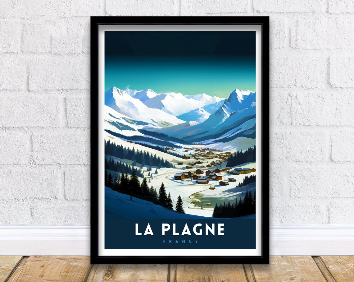 La Plagne France Snowy Ski Valley Chalet Peaks Travel Poster