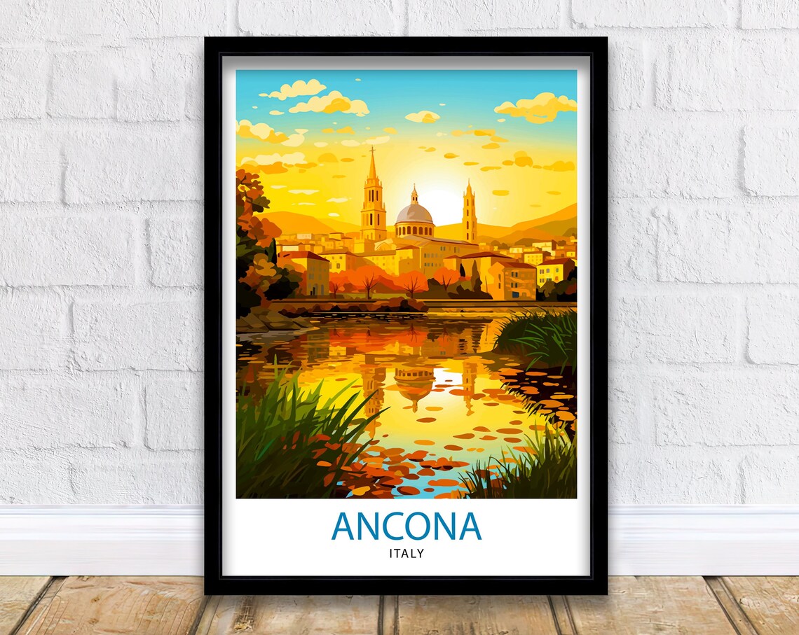 Ancona Italy Cathedral Sunset Lake Reflection Vintage Poster