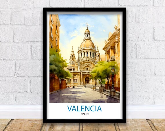Valencia Spain Historic Cathedral Plaza Watercolor Travel Poster