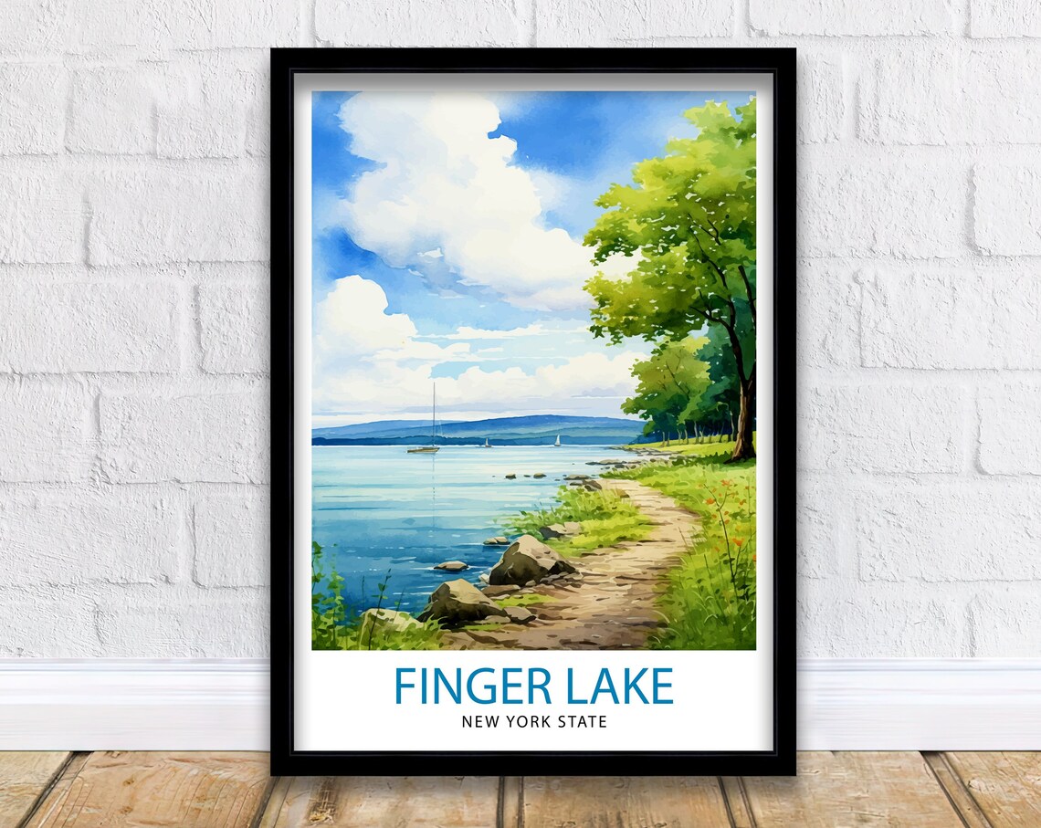 Finger Lake New York State Watercolor Shore Scene Travel Poster