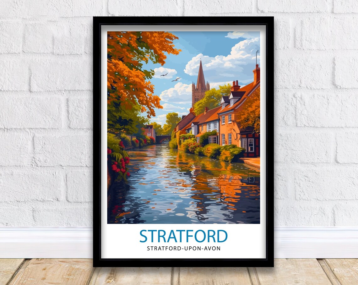 Stratford upon Avon Autumn Canal Reflection Illustrated Travel Poster