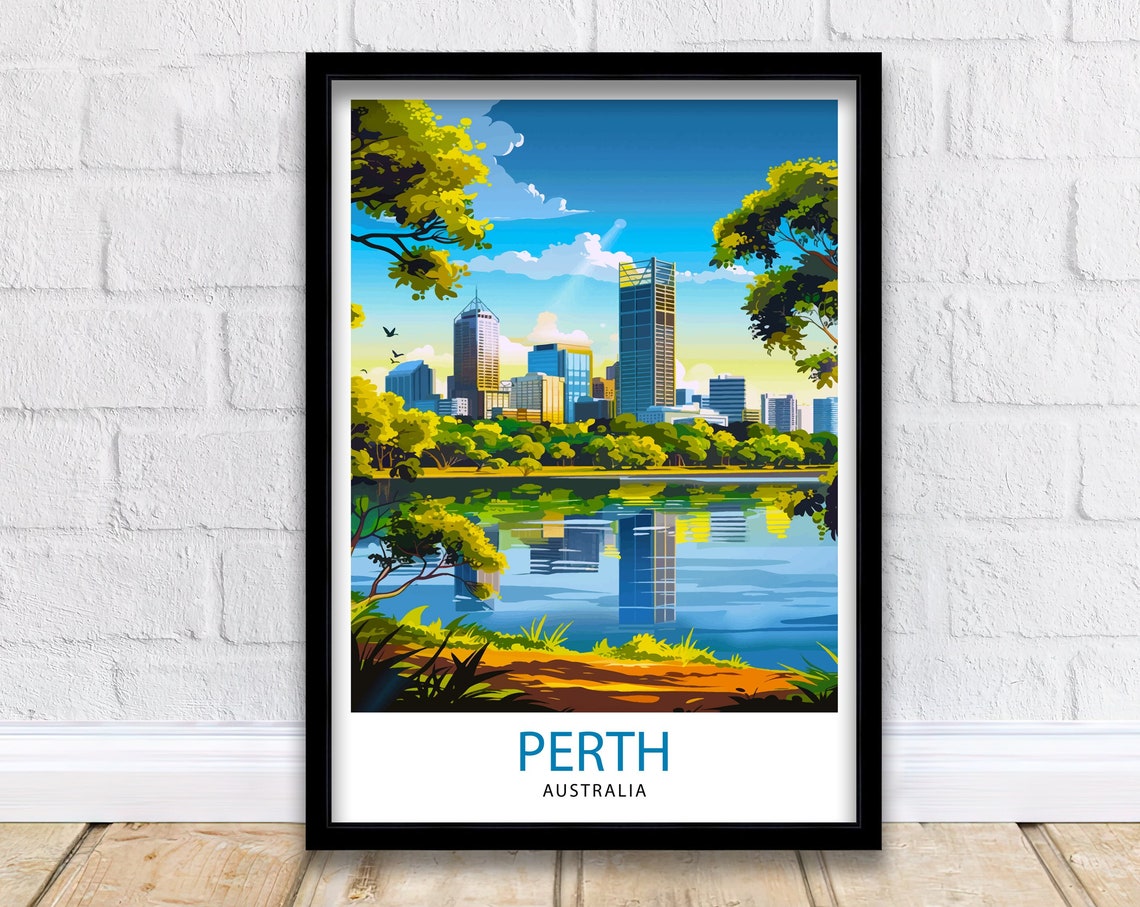 Perth Australia City Skyline Swan River Sunset Travel Poster