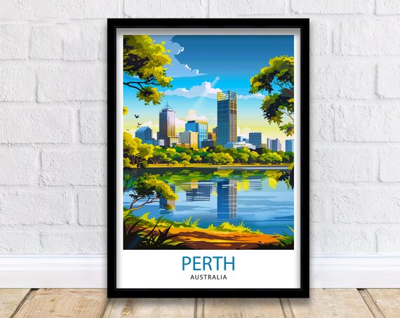 Perth Australia City Skyline Swan River Sunset Travel Poster