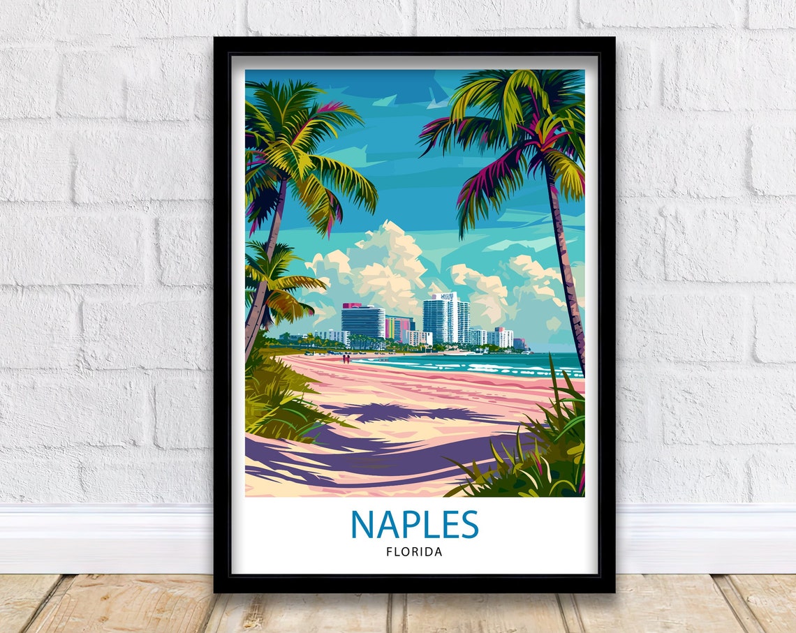 Naples Florida Sandy Beach Palm Skyline Seaside Travel Poster