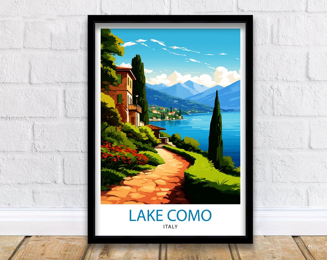 Lake Como Italy Lakeside Villa Stone Path Mountain View Travel Poster