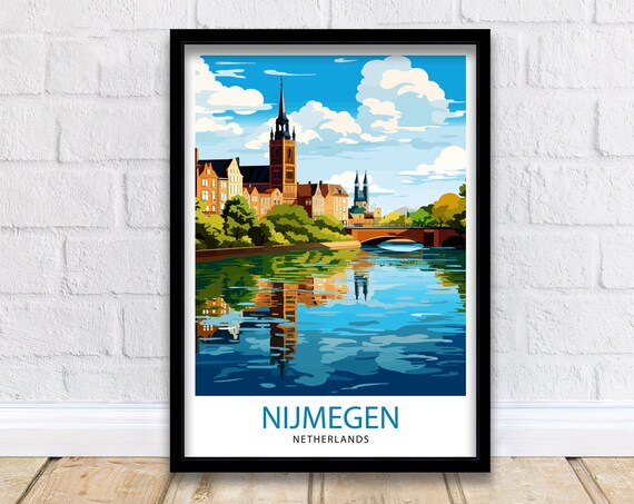 Nijmegen Netherlands River Bridge Churches Scene Travel Poster