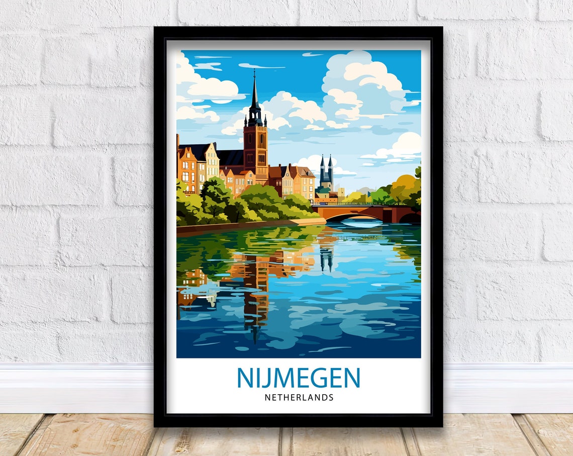 Nijmegen Netherlands River Bridge Churches Scene Travel Poster